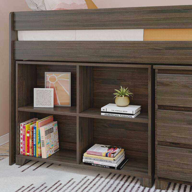 Max and Lily Farmhouse Twin Low Loft with Dresser and Bookcase
