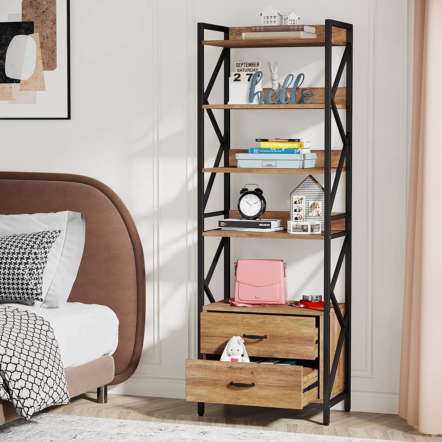5-Tier Bookcase with 2 Drawers, 70.86'' Tall Bookshelf with Open Storage Shelf for Home Office