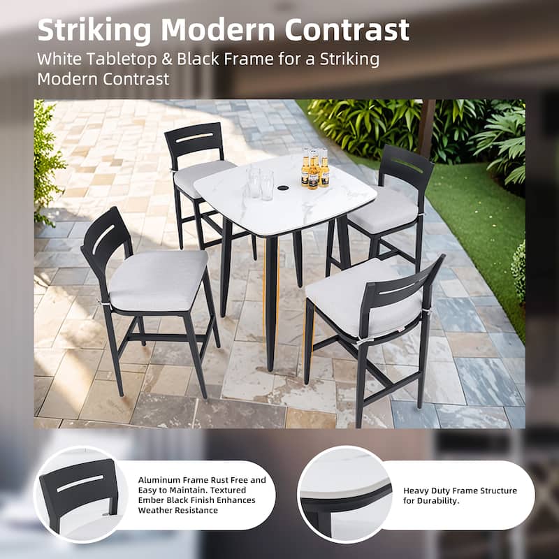 5-Piece Outdoor Patio Aluminum Bar Set with Marble-pattern Tabletop, 4 Bar Stools, and Umbrella Hole