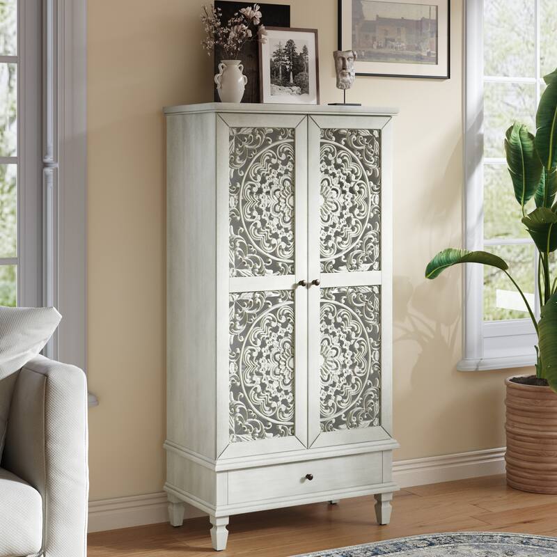 GDF Studio - Maribelle Rustic 55" Tall Storage Cabinet with Drawer, Decorative 2-Door Carved Wood Accent Cabinet