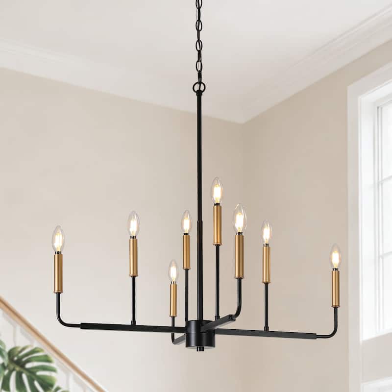 Modern 8-Light Black Brass Minimalist Candle Chandelier for Dining Room - D 30.7" x H 90" Max