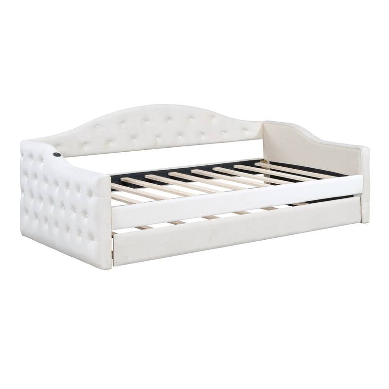 Tufted Upholstered Daybed with Trundle, USB and Type-C Charging Ports - Beige