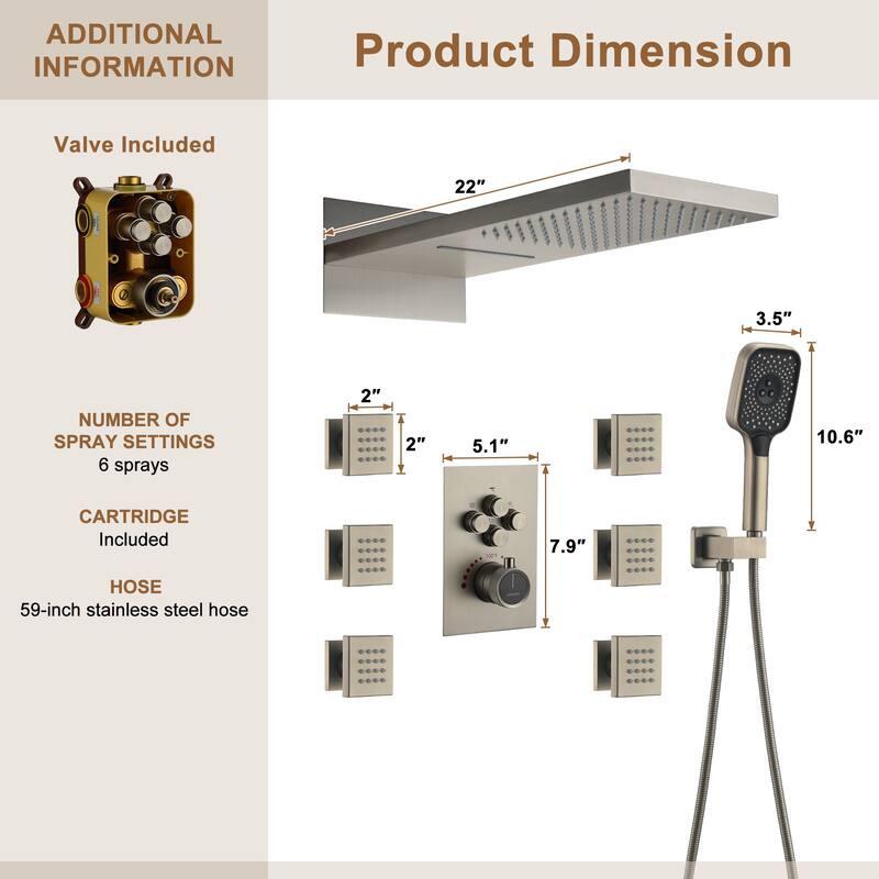 Wall Mounted 20 Inch Dual-function Rainfall Shower Head 4 Function Thermostatic Shower System