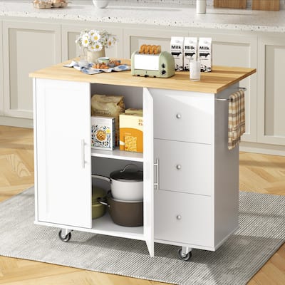 Rolling Kitchen Island with Storage Cabinet & 3 Drawers – Mobile Storage Cart with Extendable Countertop for Small Spaces