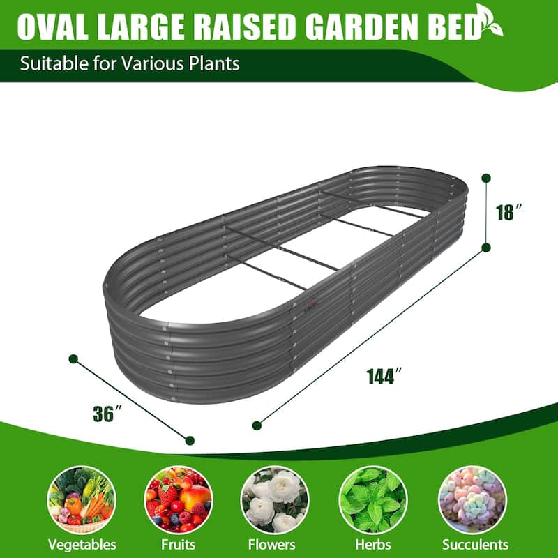 Outdoor 12 ft. x 3 ft. x 1.5 ft. Oval Extra Large Metal Anti-Rust Raised Garden Bed in Gray For Vegetables and Flowers