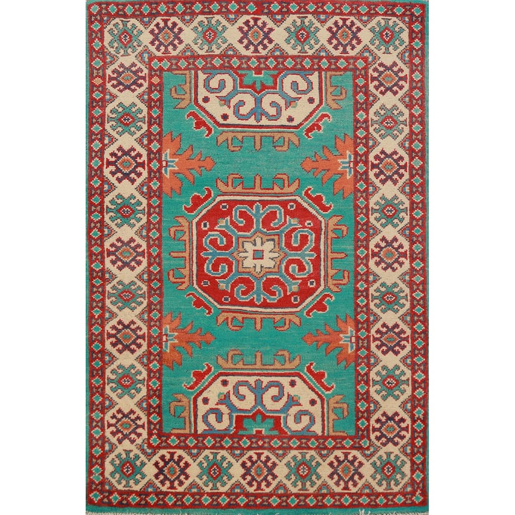 Turquoise / Green Kazak Foyer Rug Geometric Handmade Wool Carpet - 2'9"x 4'0"