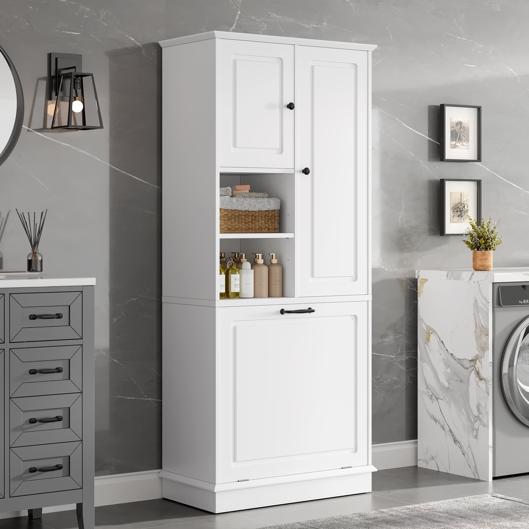 GDFStudio - Tommy Modern Tall Storage Cabinet with Adjustable Shelves and Large Flip-Out Basket