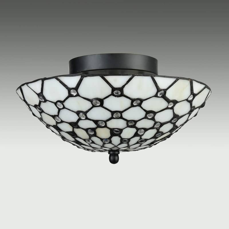 Anzio Tiffany Style Semi Flush Mount Ceiling Fixture Antique Brass & Art Colorful Glass Shade--3 Lights - Copper-Foiled