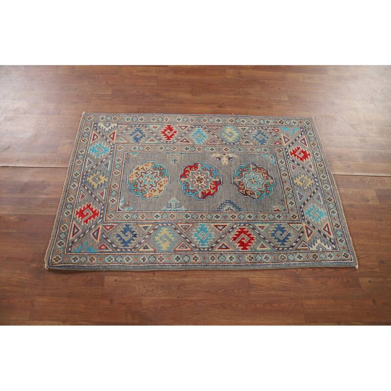 All-Over Gray Kazak Oriental Foyer Rug Hand-Knotted Wool Carpet - 2'8" x 4'1"