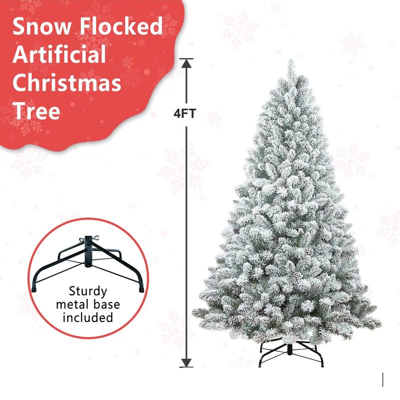 7FT Flocked Christmas Tree with Pine Cones - Snowy PVC Artificial Holiday Tree, 1124 Tips, 45 Natural Pinecones, Metal Stand