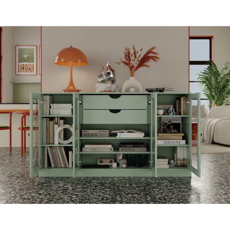 Palace Imports 100% Solid Wood 65" Sideboard with Clear Glass Doors, 2-Drawers and Adjustable Shelves