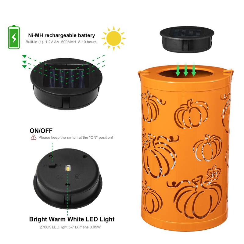 Glitzhome Fall Thanksgiving Pumpkin Pattern Metal Solar Powered LED Lanterns