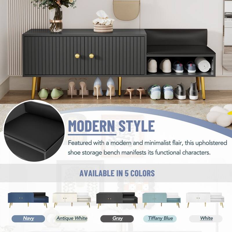 Modern Shoe Storage Bench with Storage Cabinet and Upholstered Cushions, Entryway Bench with Open Compartment for Living Room