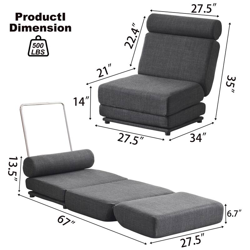 Dark Gray 34" Foldable Chaise Lounge Chair with Pillow