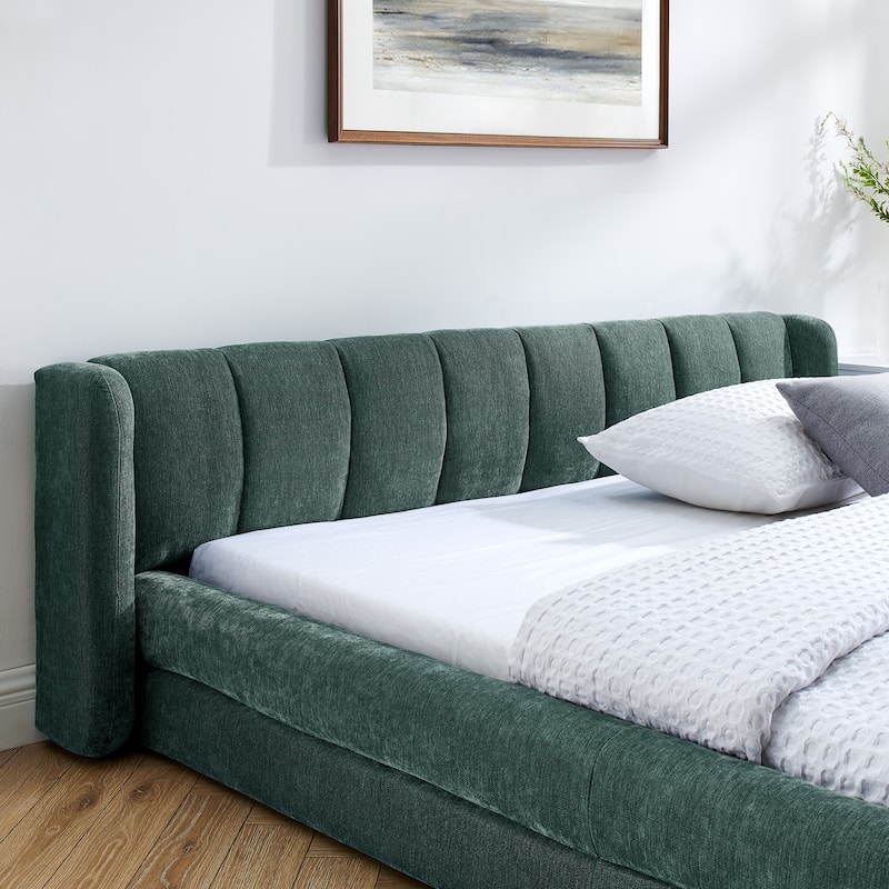 Queen Size Upholstered Bed Frame with Chenille Fabric, Modern Platform Design & Sturdy Headboard