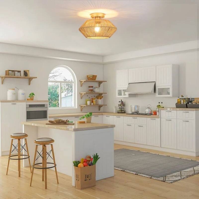 1-Light Farmhouse Style Classic Semi Flush Mount Chandelier, Hand-Woven Semi-Flush Mount Ceiling Light with Drum Shade