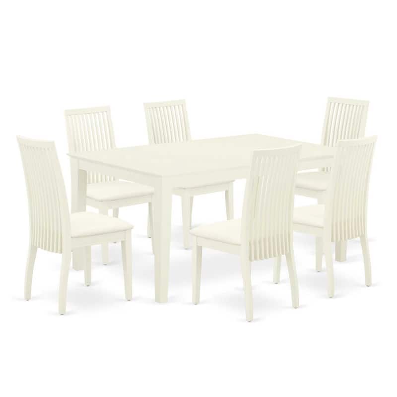 HomeStock 7-Piece Rectangle Linen White Finish Solid Wood Top Dining Table with 6 Chairs with Lattice Back