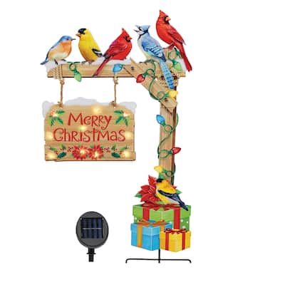 Solar Powered Merry Christmas Birds Garden Stake - Brown - 13.5 x 27.5 x 0.25