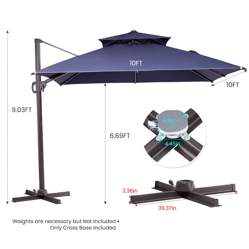 Deluxe 10' x 10' Outdoor Square Double Top Cantilever Umbrella, Base Not Included