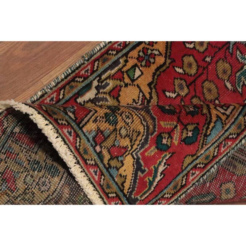 Hand Knotted Oriental 100% Wool Carpet Traditional Floral Red Tabriz Runner Rug - 10' 6'' X 2' 0''