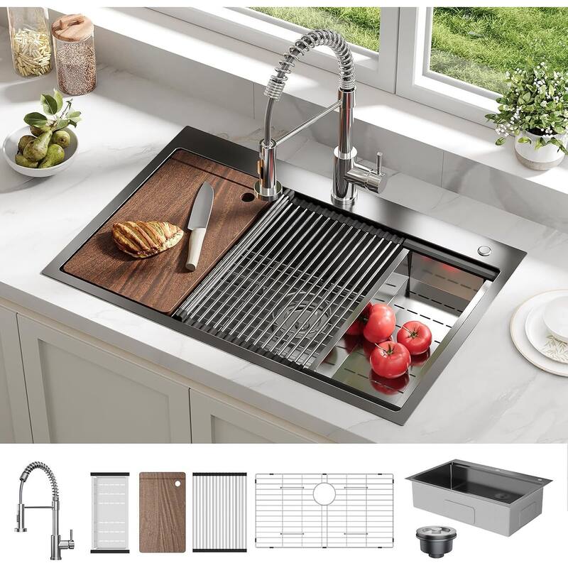 33"X22"X9" Undermount Kitchen Drop In Sink for Easy Installation with Faucet, Black - Black