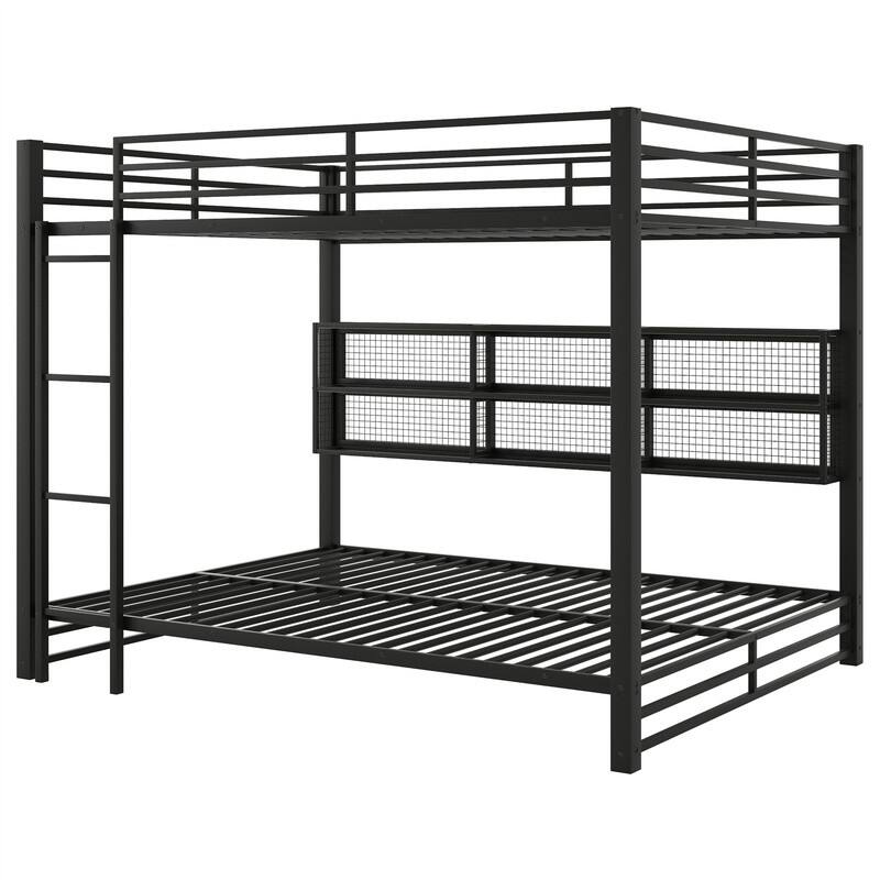 Queen Over Queen Size Bunk Bed with LED Light and Storage Cabinets, Metal Bunk Bed with Storage Shelves, Ladder and Guardrail