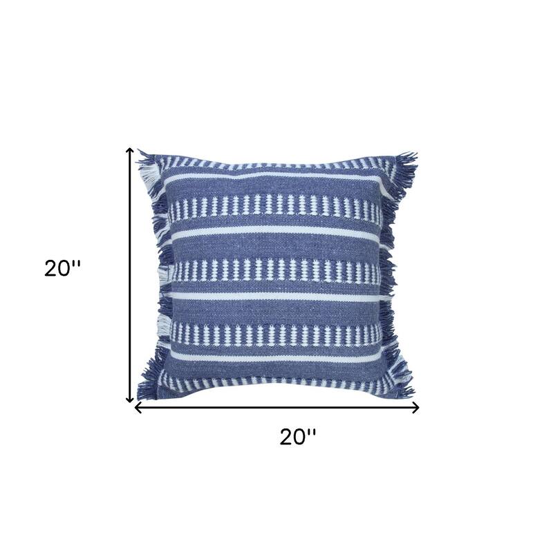 HomeRoots 20" Blue and White Striped Indoor Outdoor Throw Pillow With Fringe - 20