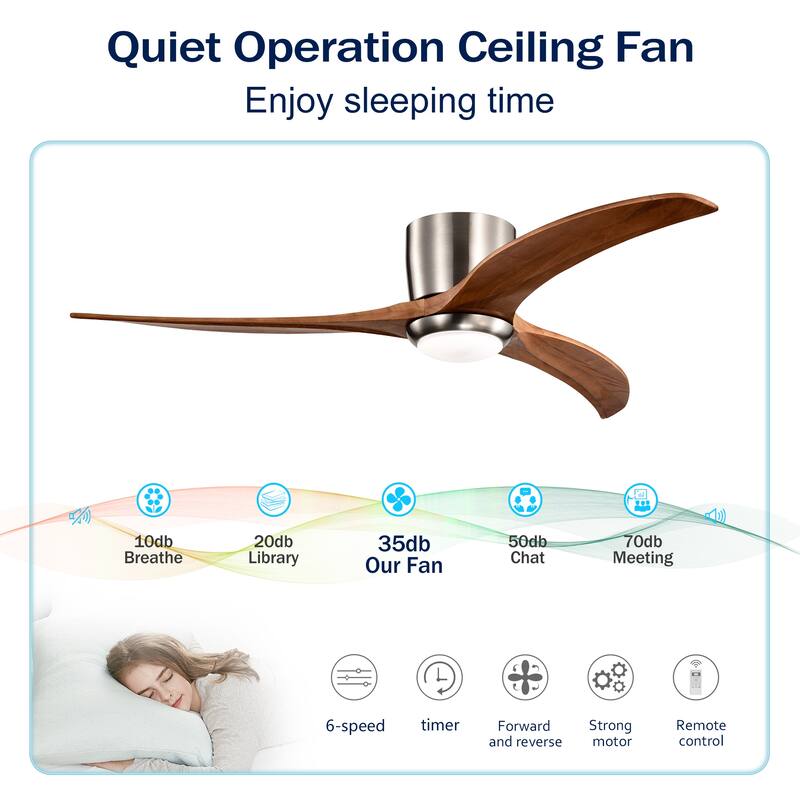 52" Flush Mount Fan Light, 3 PCS Solid Wood Blades Ceiling Fan with Lights Remote Control, Quiet DC Motor, 6 Speed
