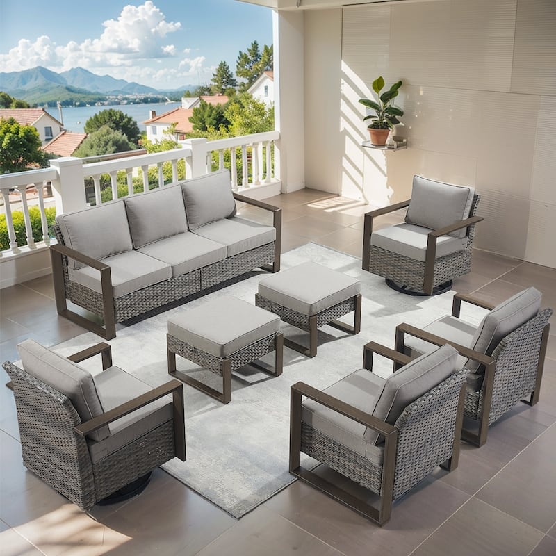 High Back Outdoor Furniture with Thick Cushion - Grey Wicker Grey Cushion - 7PCS Sofa Chair with Ottoman