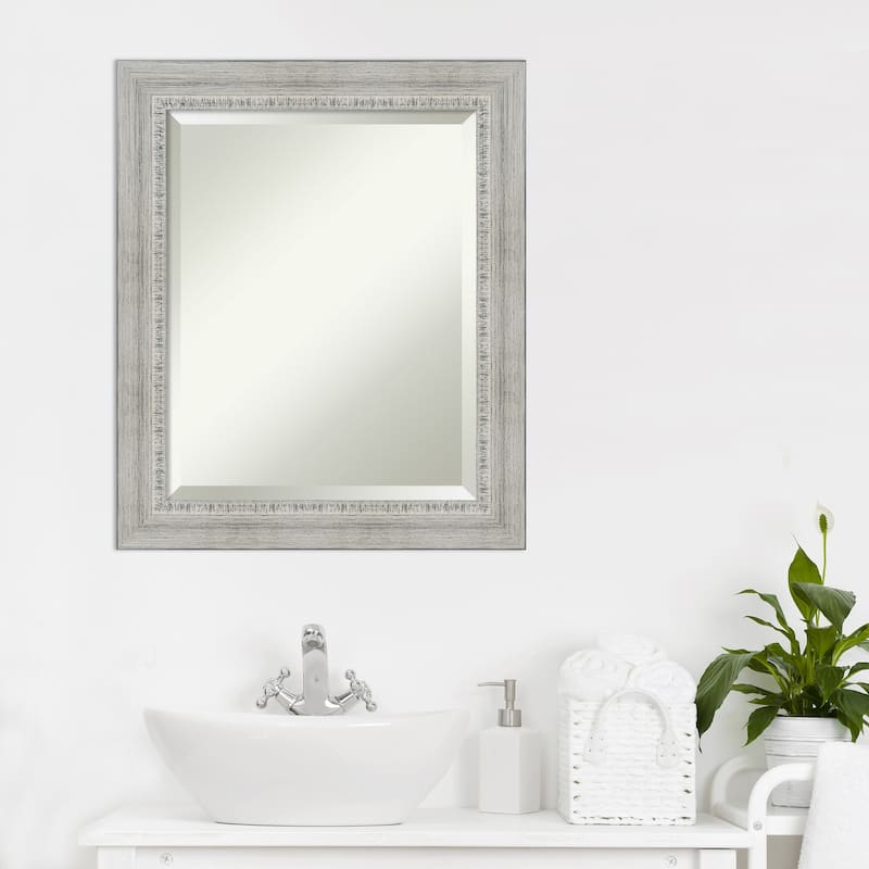 Beveled Wood Bathroom Wall Mirror - Rustic White Wash Frame