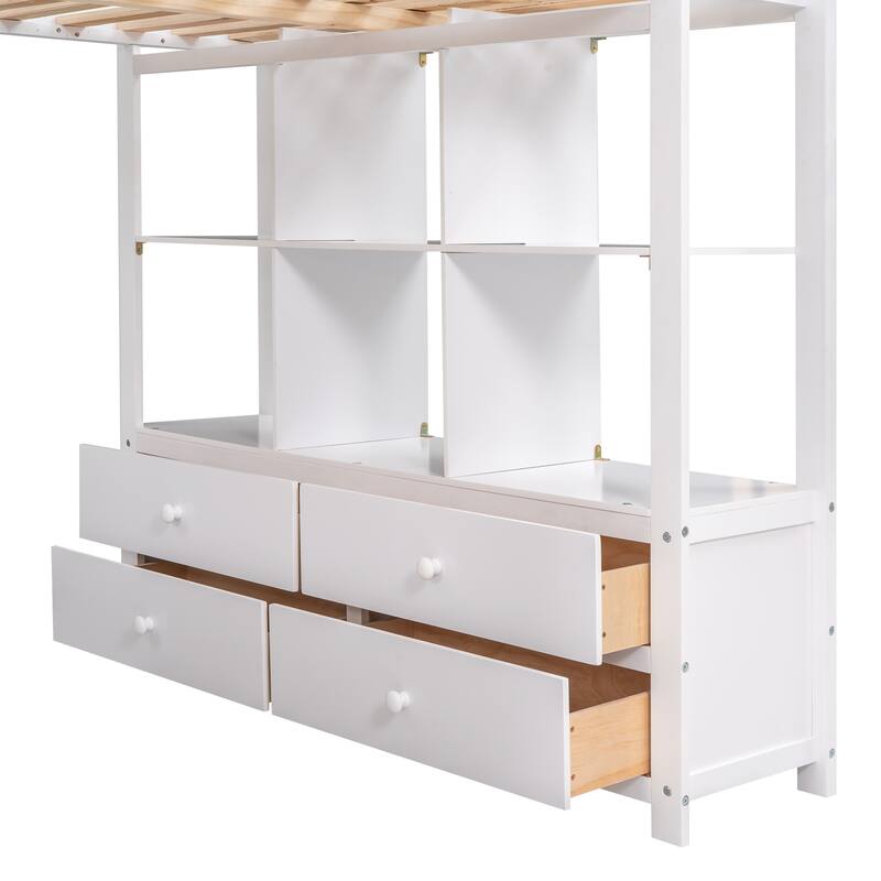 Twin/Full Loft Bed with Desk, Multiple Storage Shelves, Drawers, and Sturdy Pine Wood Frame
