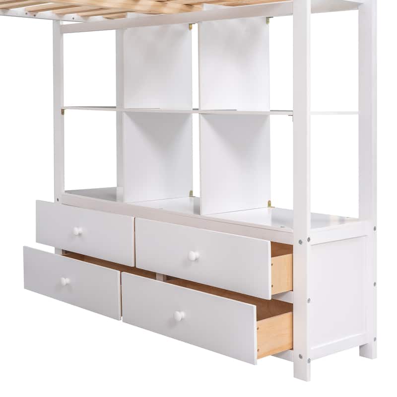 White Pinewood Loft Bed with Built-in Desk, Drawers, Shelves, and Storage Cabinets
