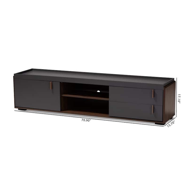Rikke Modern and Contemporary Two-Tone Gray and Walnut Finished Wood 2-Drawer TV Stand - 17.1"H x 70.9"W x 15.7"D