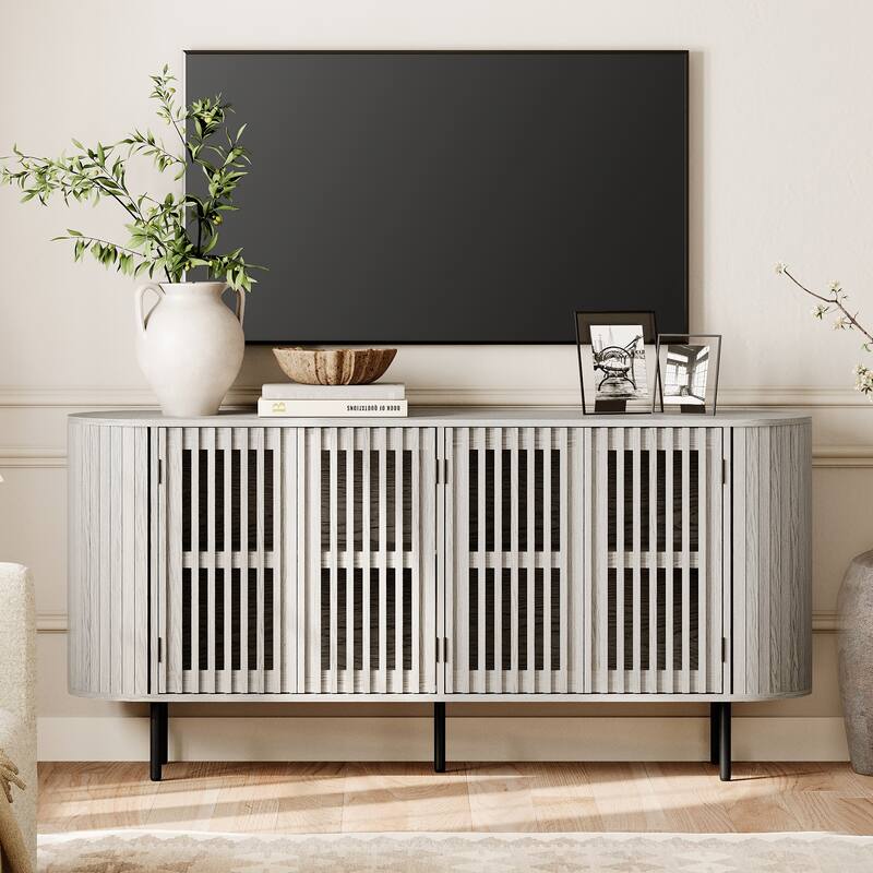 WAMPAT 64.4" Fluted TV Stand,Wood Entertainment Center for TVs Up to 70 inches - White Washed