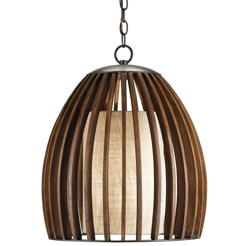 Currey & Company Carling Wood Pendant - 19"h x 17"dia - 19"h x 17"dia - Old Iron/Polished Fruitwood