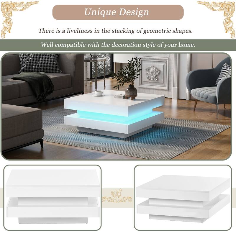 Modern High Gloss Square Coffee Table with LED Light, 2-Tier Center Table for Living Room