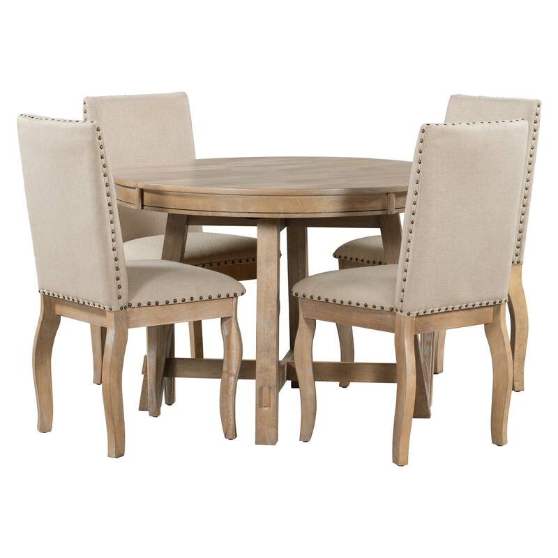 5-Piece Wooden Dining Table Set with Extendable Round Table & 4 Chairs