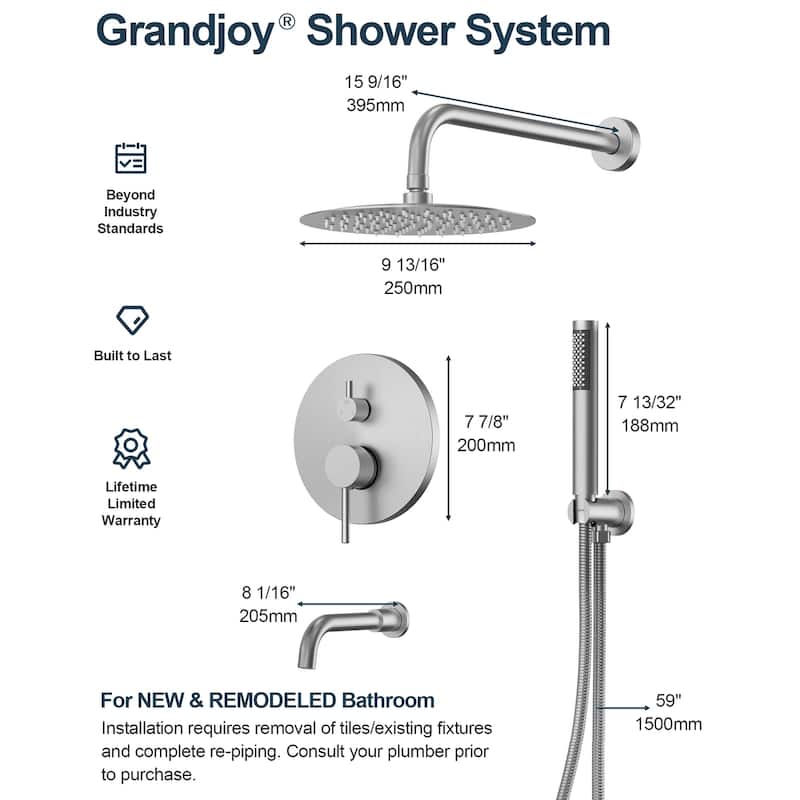 GRANDJOY 3-in-1 Shower Faucet System 10 Inch Rainfall Shower Head with Tub Spout Bathroom Shower Faucets