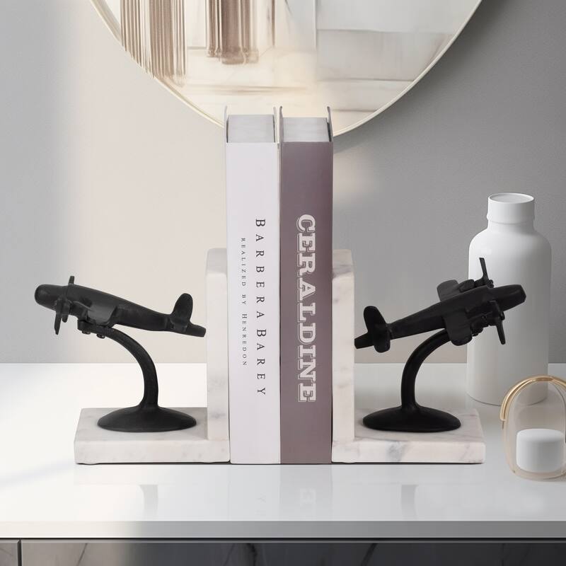 Sagebrook Home Art Deco-Inspired Biplane Bookends in Classic Black and White Marble, Jetsetter Chic decor, Set of 2 - Marble Black/white - 5" x 4" x 6"