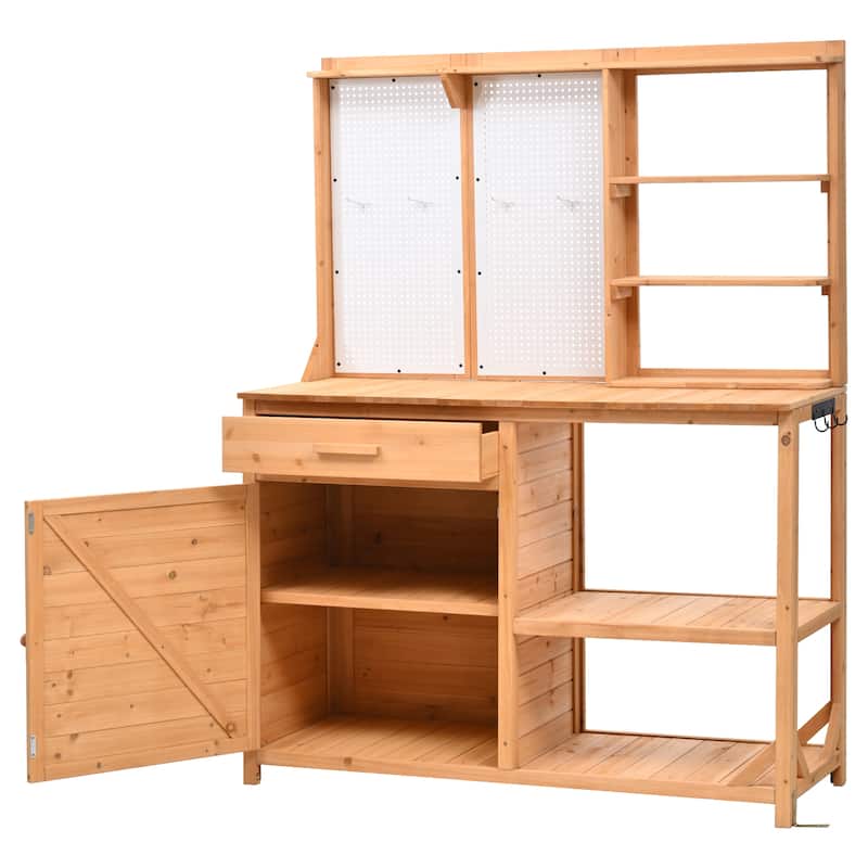 Roomfitters Fir Wood Potting Bench with Hutch, 4 Shelves, storage units, Cabinet & Pegboard Hooks, Outdoor Garden Work Table