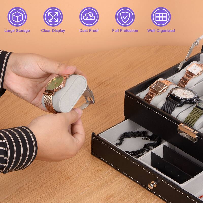 Multipurpose Watch Box 12 Slots 2 Layers Display Case with Clear Top