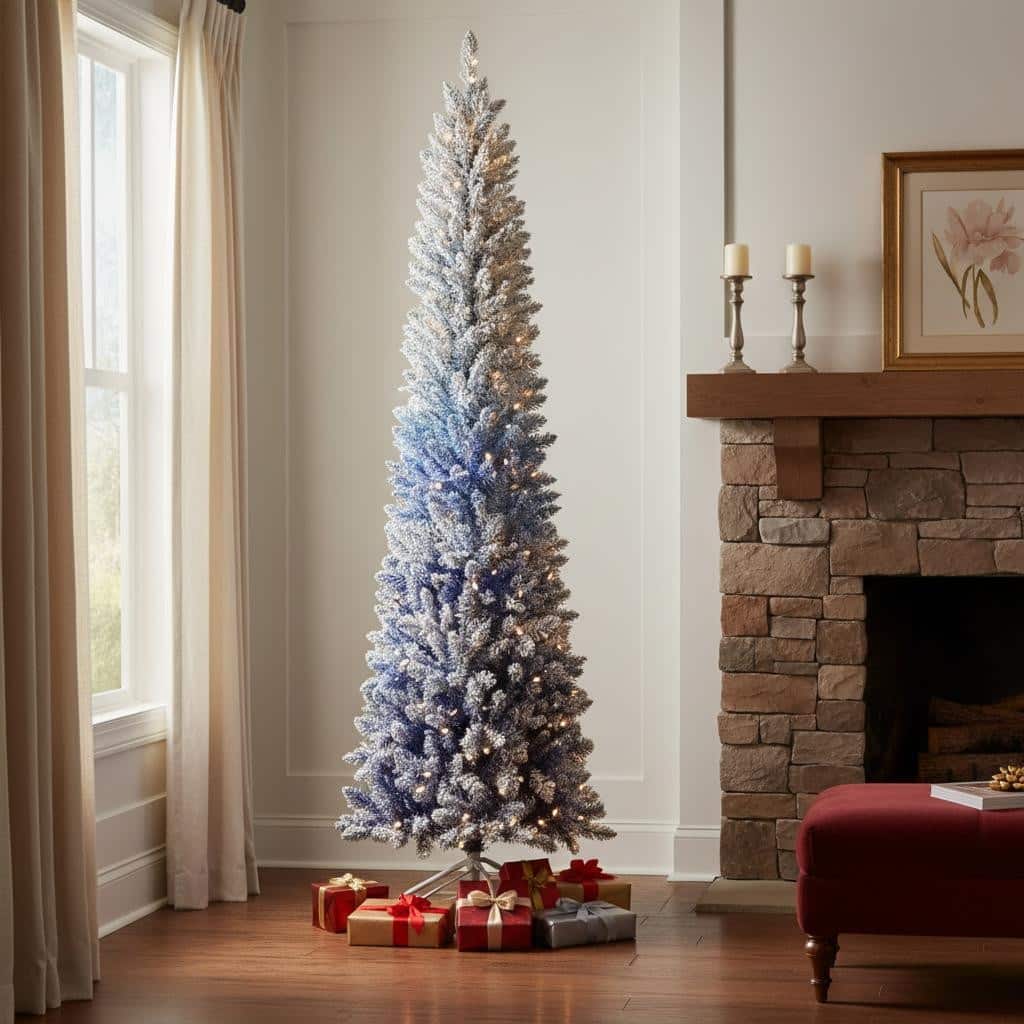 HomeRoots 7' Blue And White Pre Lit Slender Flocked Fir Christmas Tree - Green - 26.00 in. x 84.00 in. x 26.00 in.