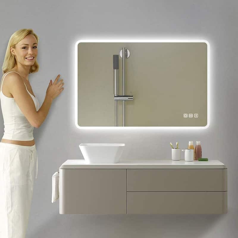 Rectangular Wall-Mounted Dimmable LED Bathroom Vanity Mirror with Defogger and Bluetooth Music Speaker