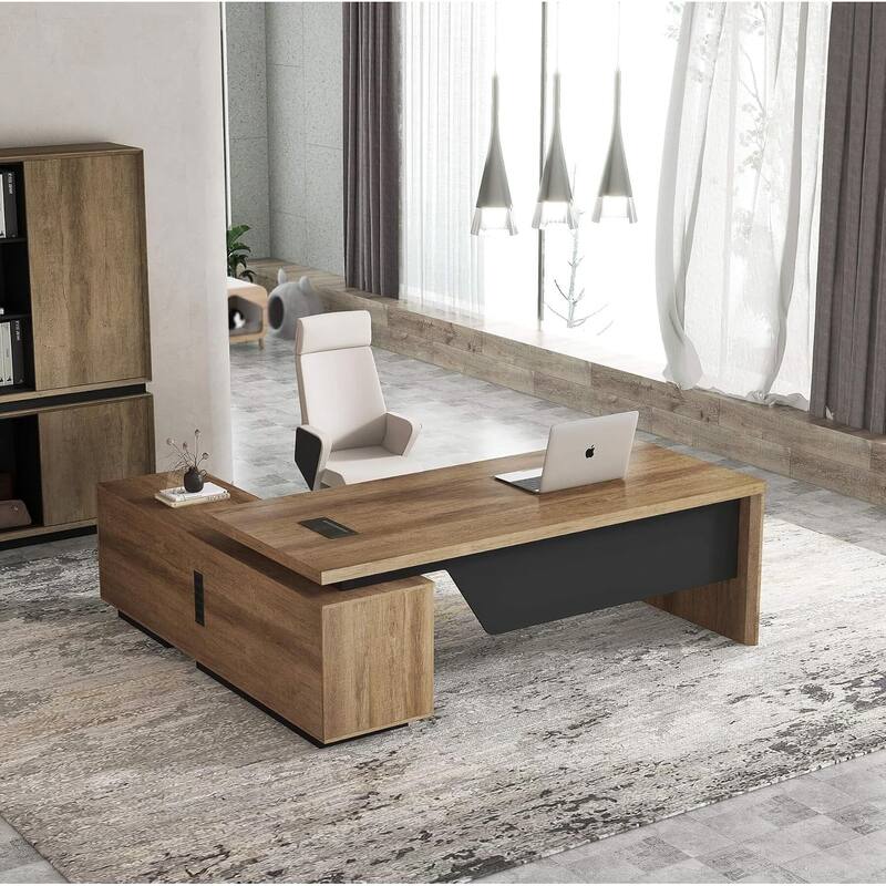 WESOME Retractable L-Shaped Executive Desk with Cable Management Drawers and Lateral File Cabinet - 70.86 - 78.7 IN - Right Return