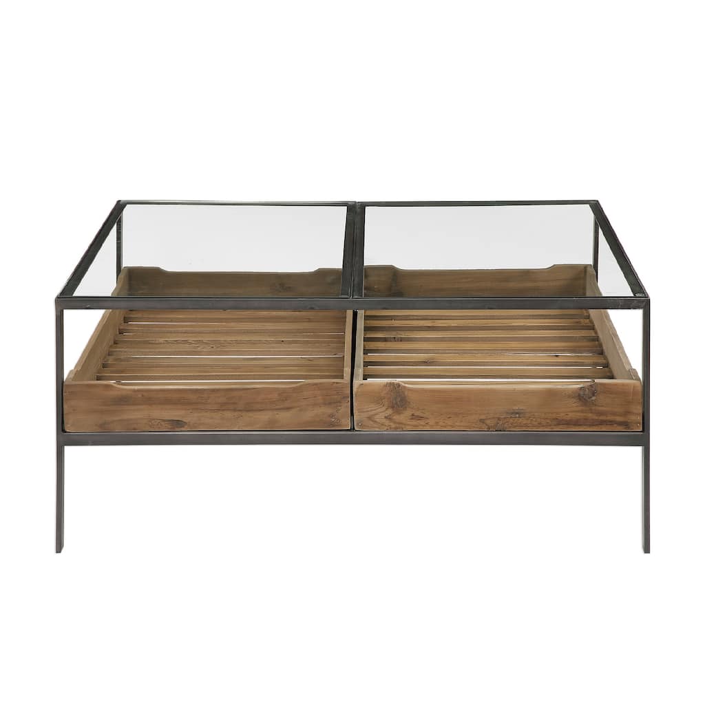 40" Black Steel Frame Glass Coffee Table With Removable Storage Trays