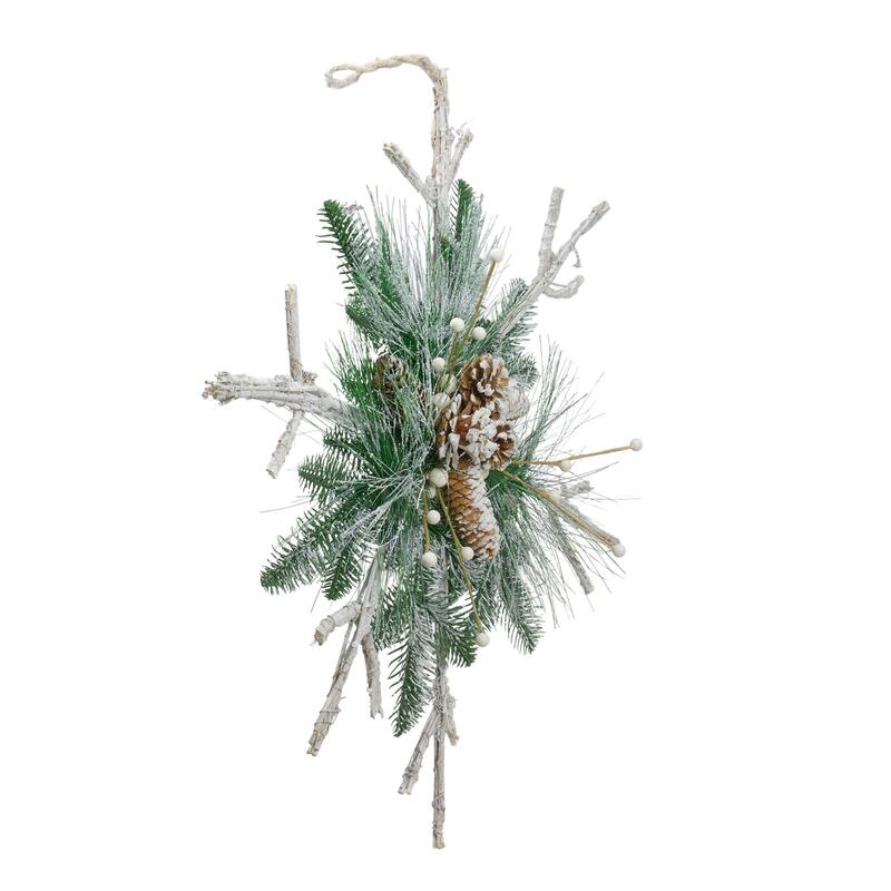 24" Green White Frosted Mixed Pine Twig Snowflake Christmas Ornament