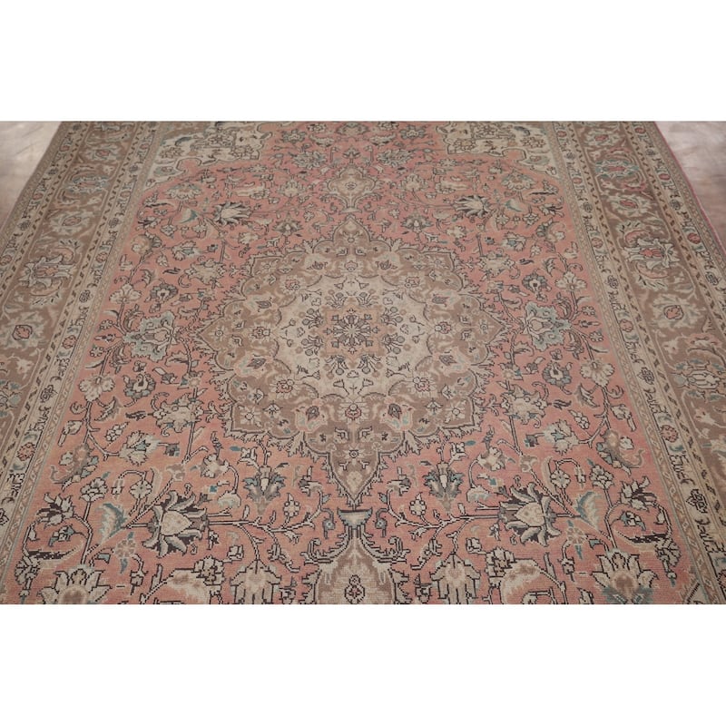 Pink Tabriz Vintage Persian Rug Hand-Knotted Traditional Wool Carpet - 6'6" x 9'11"