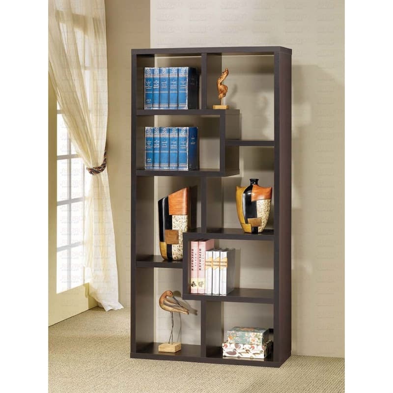 Modern 70-inch High Display Cabinet Bookcase in Dark Brown Cappuccino Wood Finish - 70.75" H x 35" W x 11.875" D