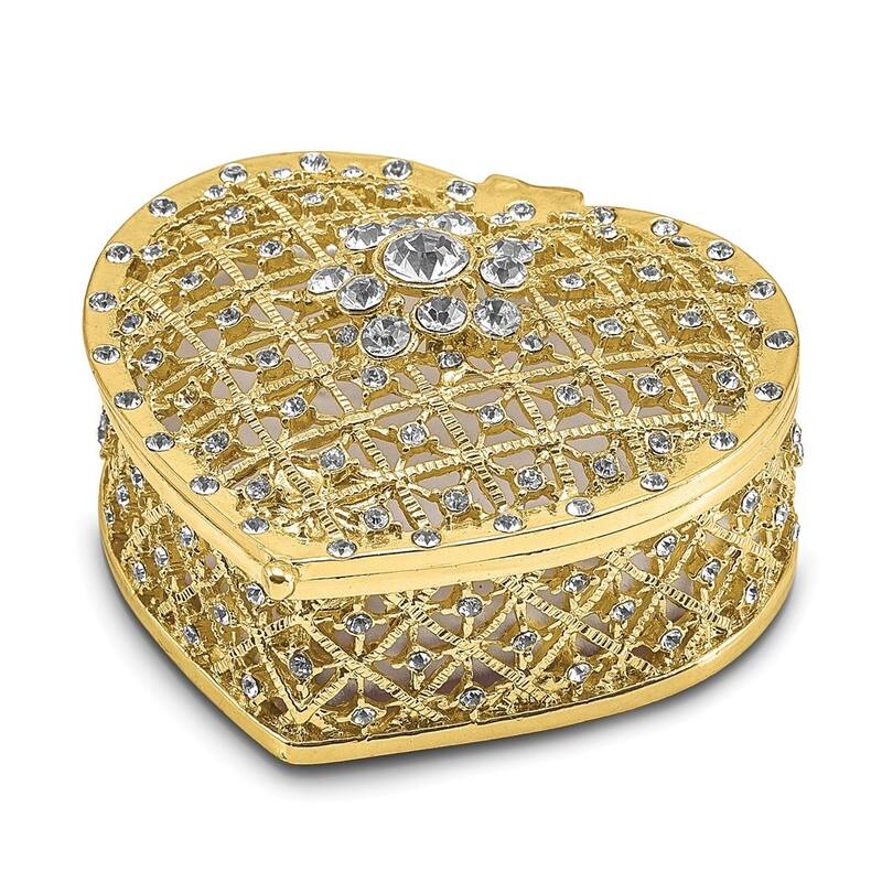 Curata Pewter Crystals Gold-Tone Enameled Romance Filigree Heart W/Ring Pad Trinket Box on 18 Inch Necklace