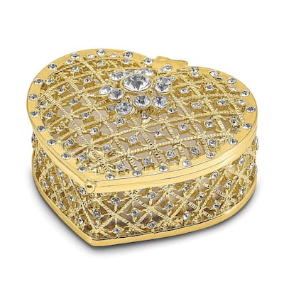 Curata Pewter Crystals Gold-Tone Enameled Romance Filigree Heart W/Ring Pad Trinket Box on 18 Inch Necklace